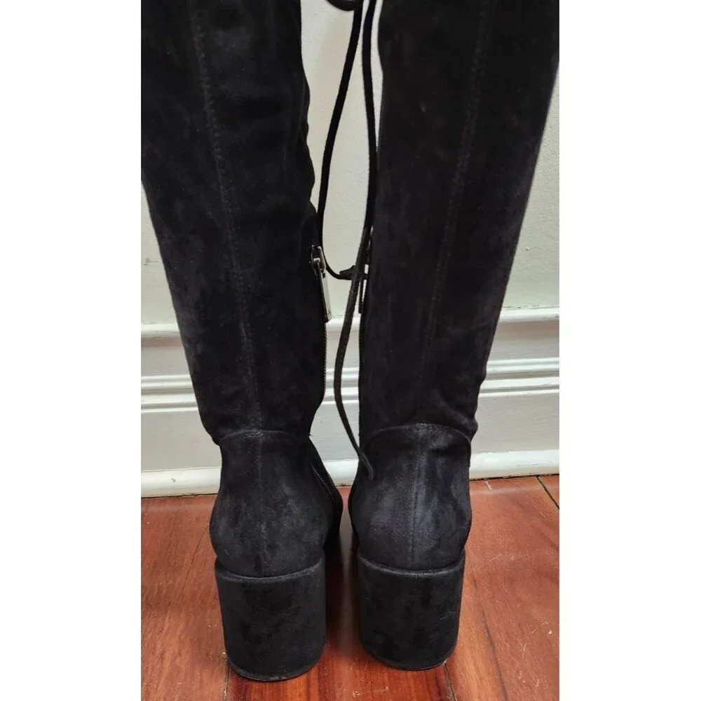 Aquatalia Women’s 6 Black Suede Over The Knee Boots Made in Italy Block Heel Tie
